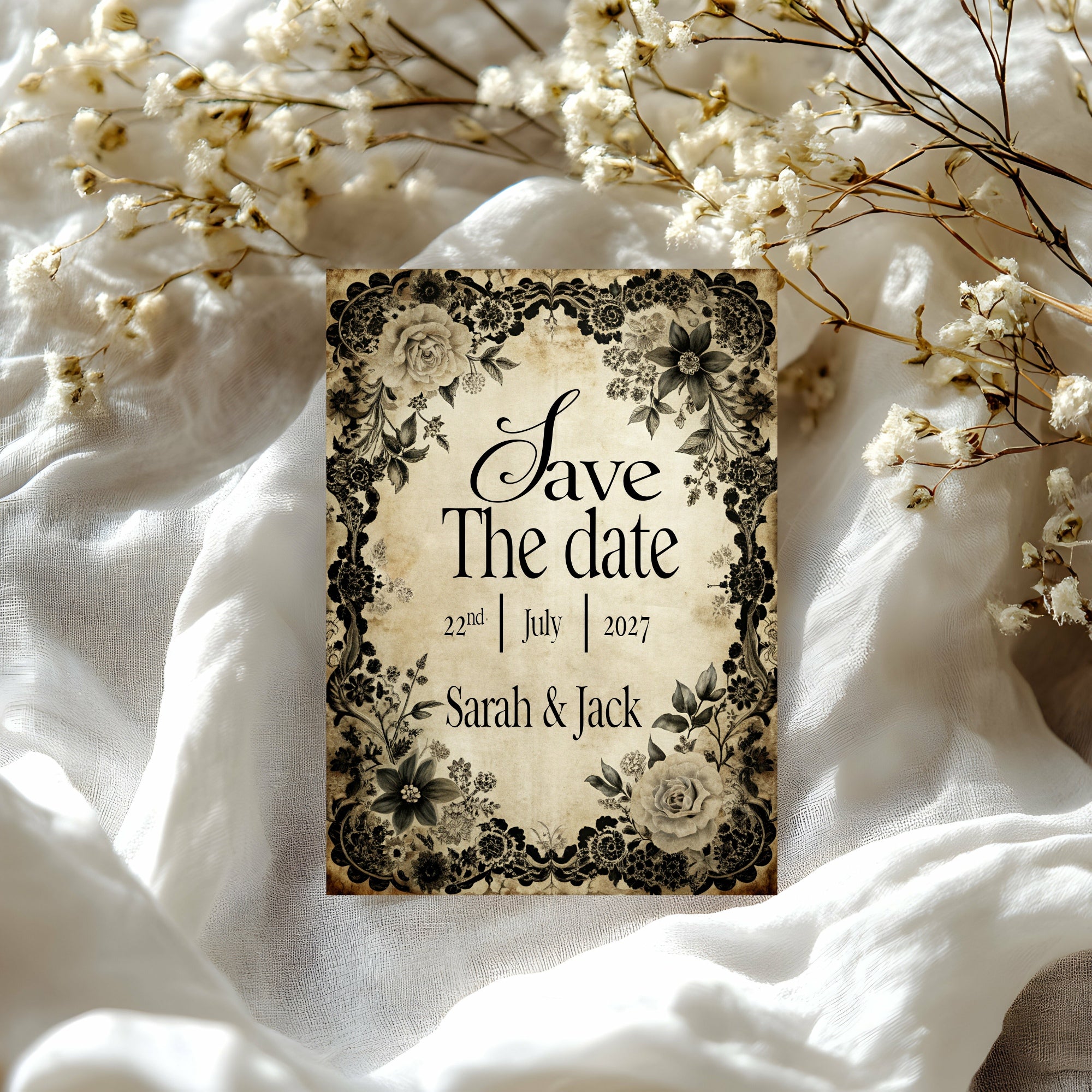 Black Rose Wedding Party Save The Dates & Envelopes | Pack of 10