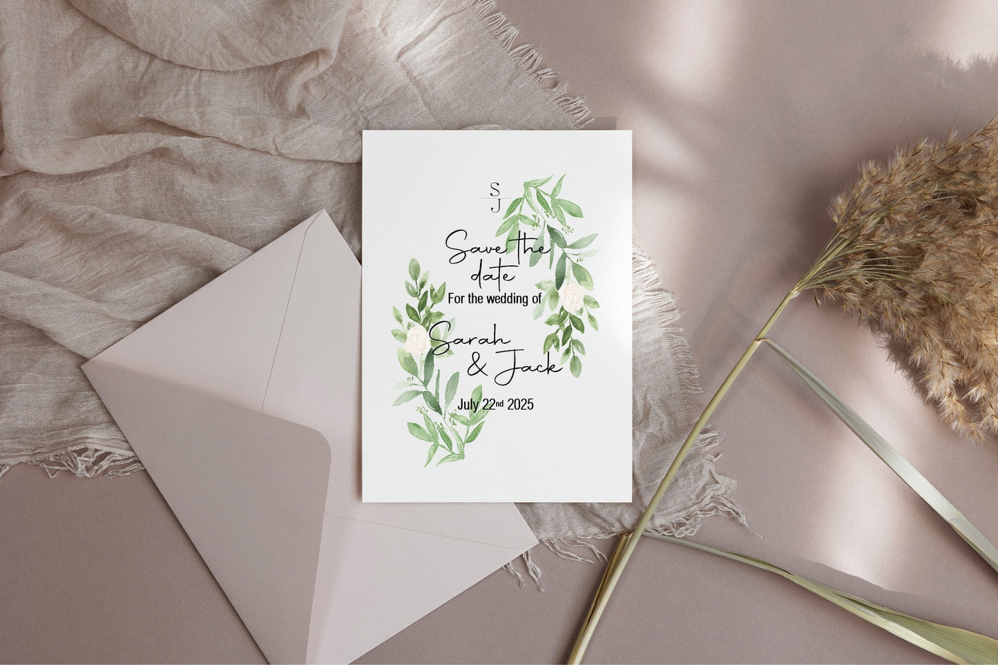 Green & White Rose Save The Date Wedding Cards & Envelopes | Pack of 10