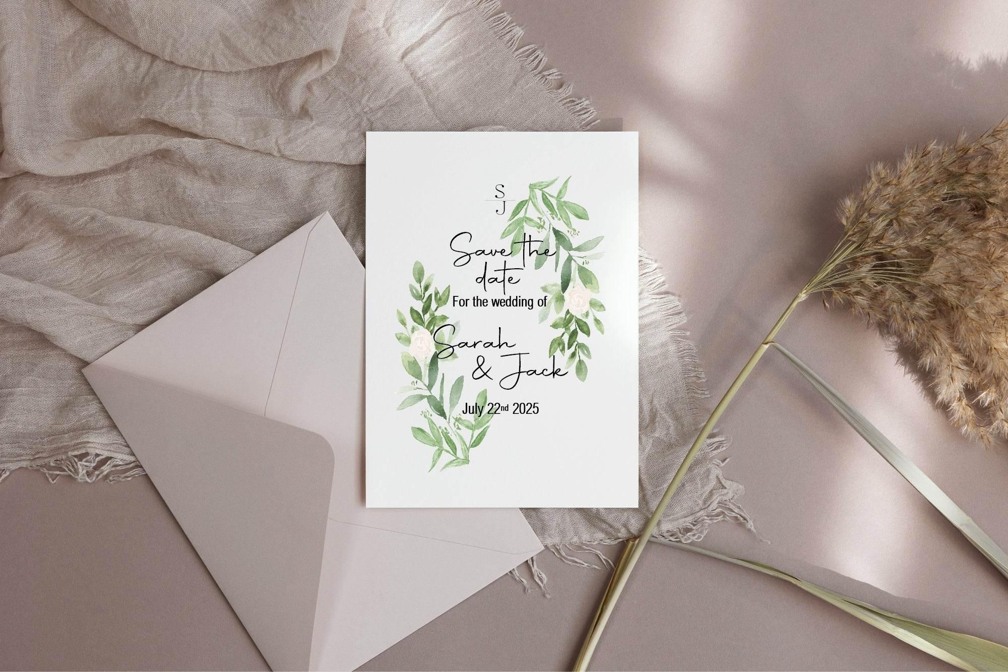 Green & White Rose Save The Date Wedding Party Cards & Envelopes | Pack of 10 - Larosier Prints
