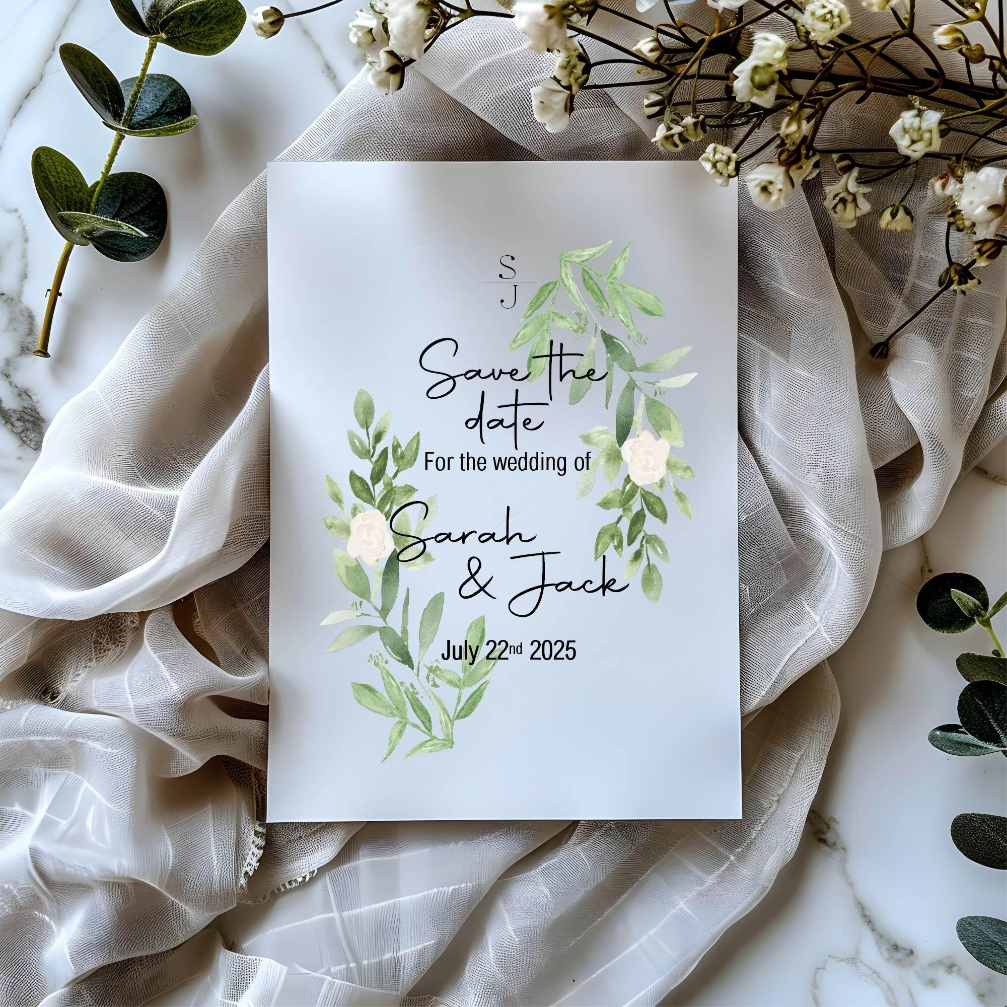 Green & White Rose Save The Date Wedding Party Cards & Envelopes | Pack of 10 - Larosier Prints