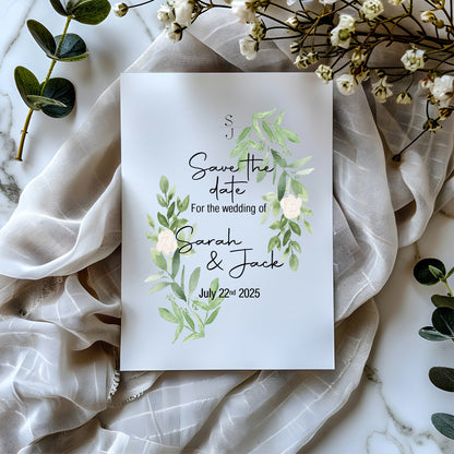 Green & White Rose Save The Date Wedding Cards & Envelopes | Pack of 10