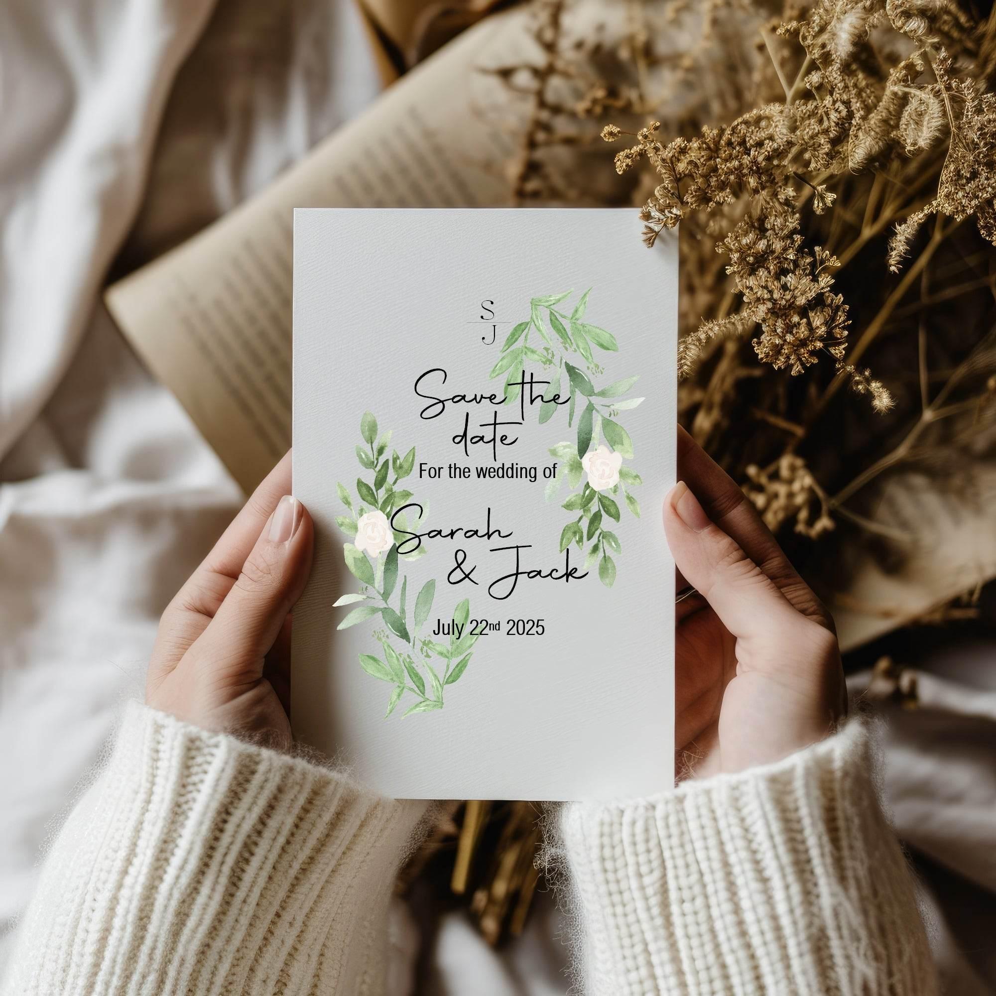 Green & White Rose Save The Date Wedding Party Cards & Envelopes | Pack of 10 - Larosier Prints