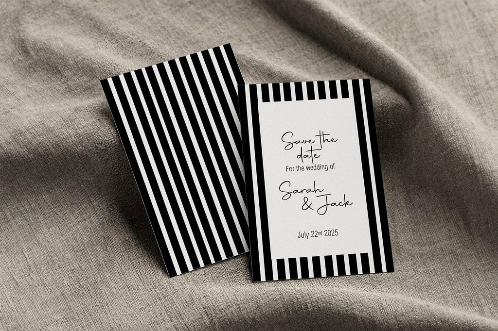 Black & White Stripe Save The Date Wedding Party Cards & Envelopes | Pack of 10 - Larosier Prints
