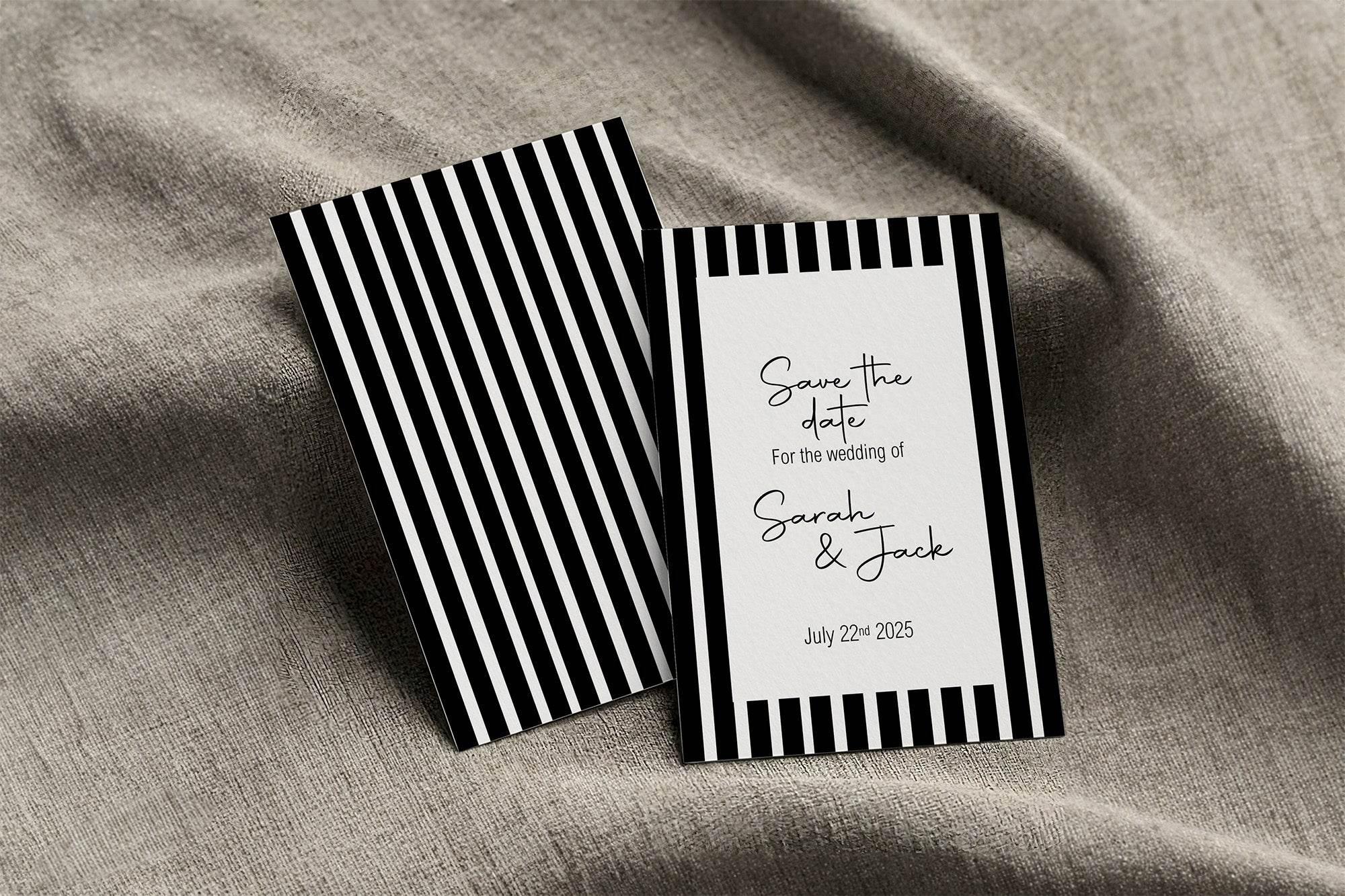 Black & White Stripe Save The Date Wedding Party Cards & Envelopes | Pack of 10 - Larosier Prints