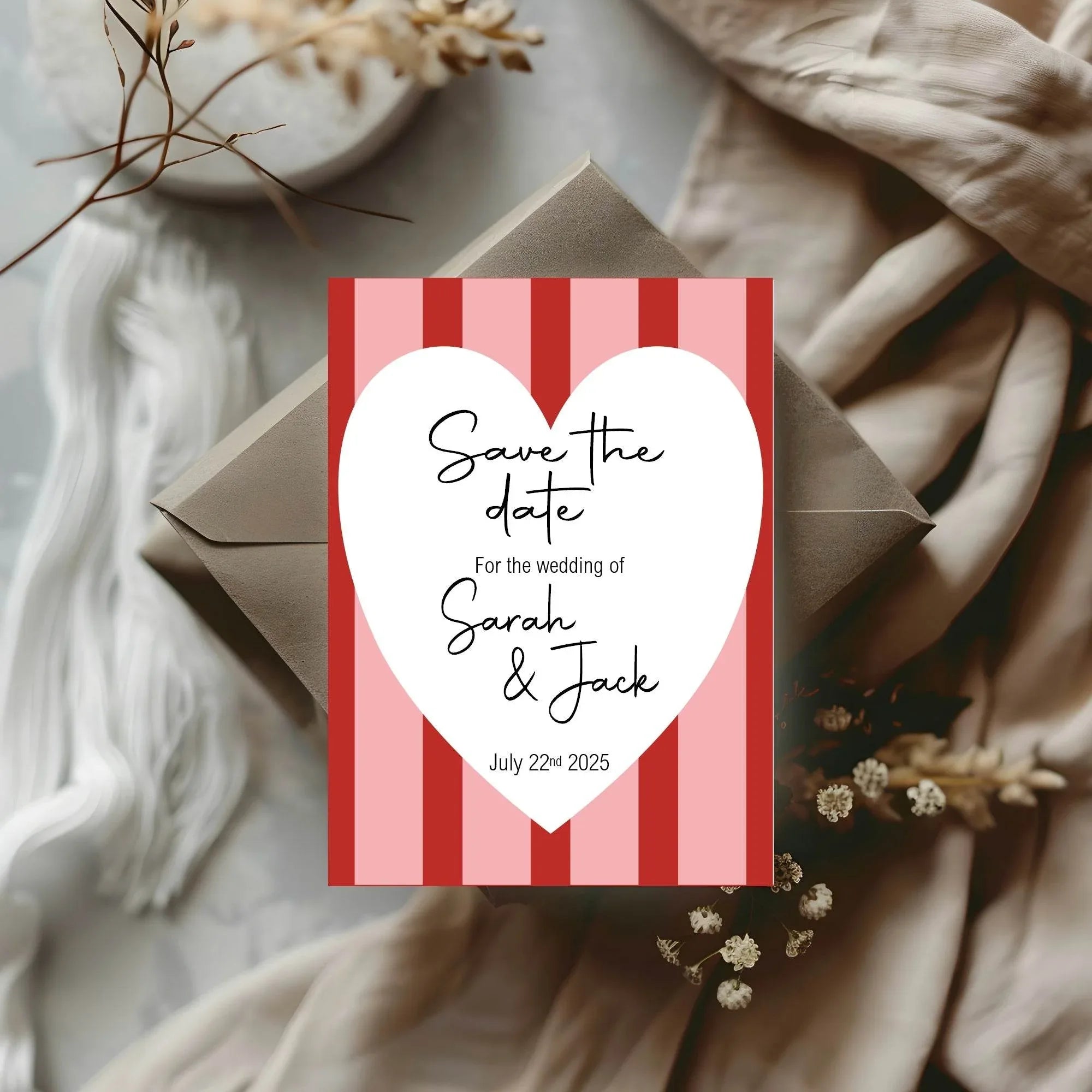 Red & Pink Save The Date Wedding Party Cards & Envelopes | Pack of 10 - Larosier Prints