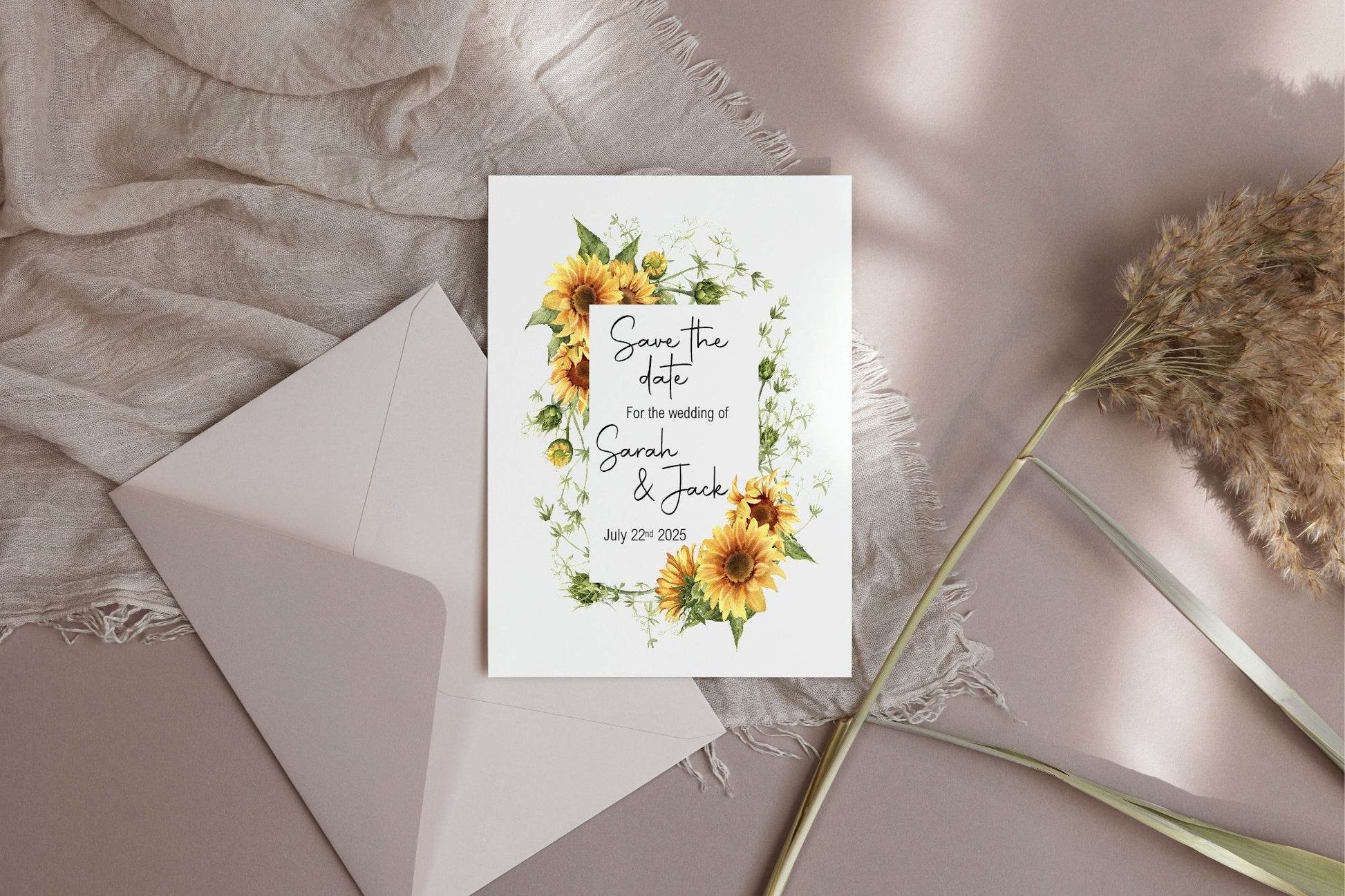 Sunflower Save The Date Wedding Party Cards & Envelopes | Pack of 10