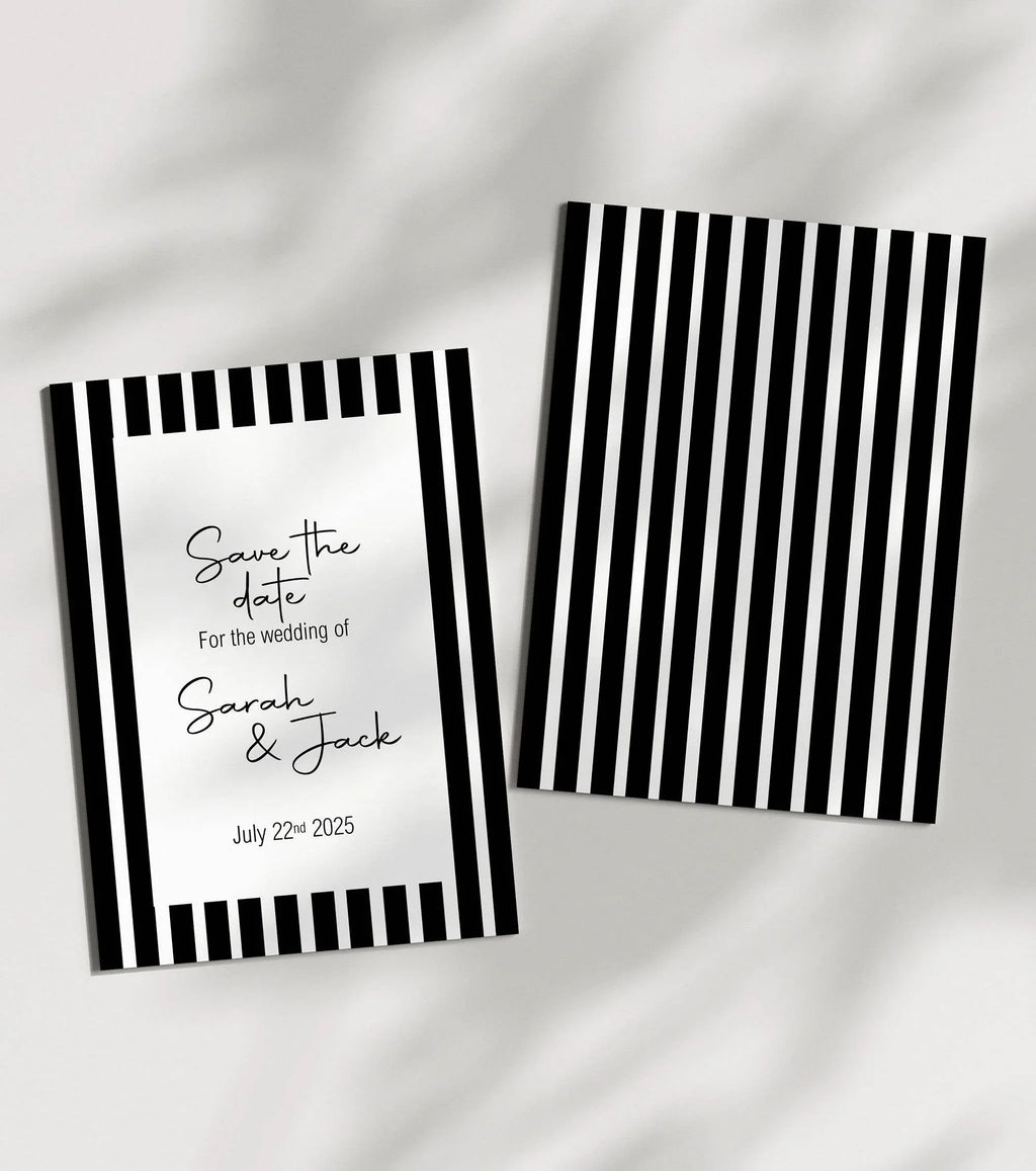 Black & White Stripe Save The Date Wedding Party Cards & Envelopes | Pack of 10 - Larosier Prints