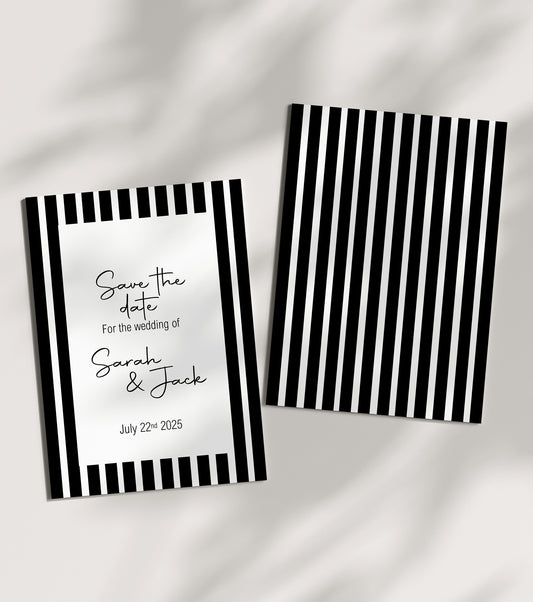 Black & White Stripe Save The Date Wedding Party Cards & Envelopes | Pack of 10
