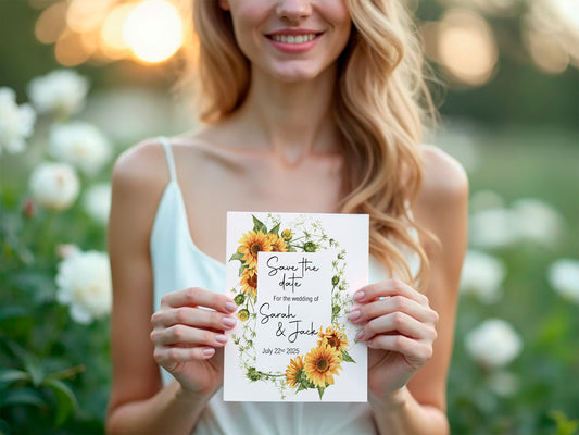 Sunflower Save The Date Wedding Party Cards & Envelopes | Pack of 10