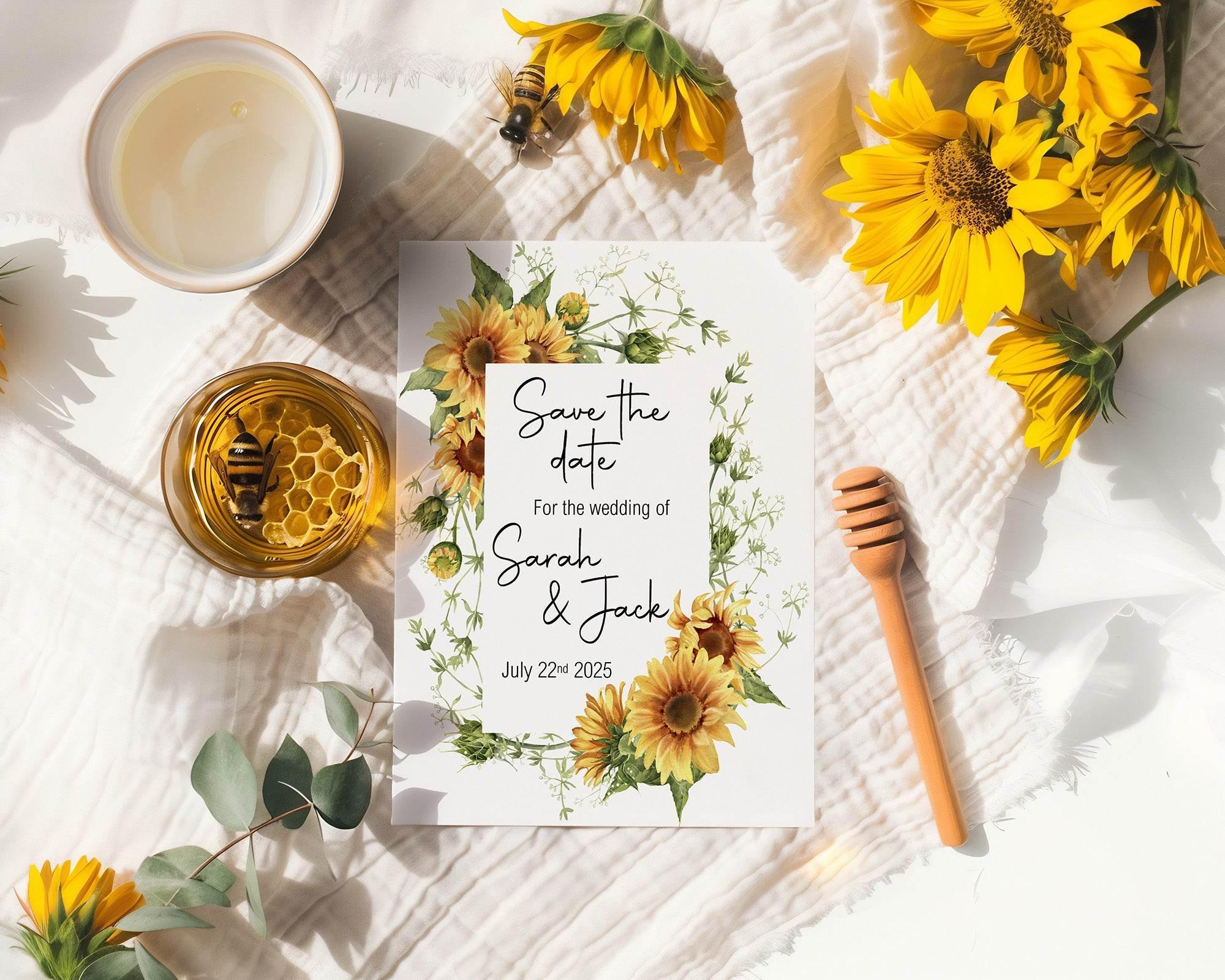 Sunflower Save The Date Wedding Party Cards & Envelopes | Pack of 10 - Larosier Prints