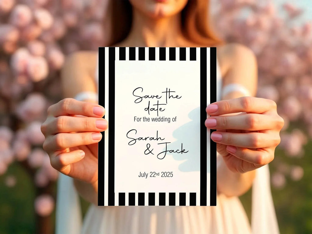 Black & White Stripe Save The Date Wedding Party Cards & Envelopes | Pack of 10 - Larosier Prints