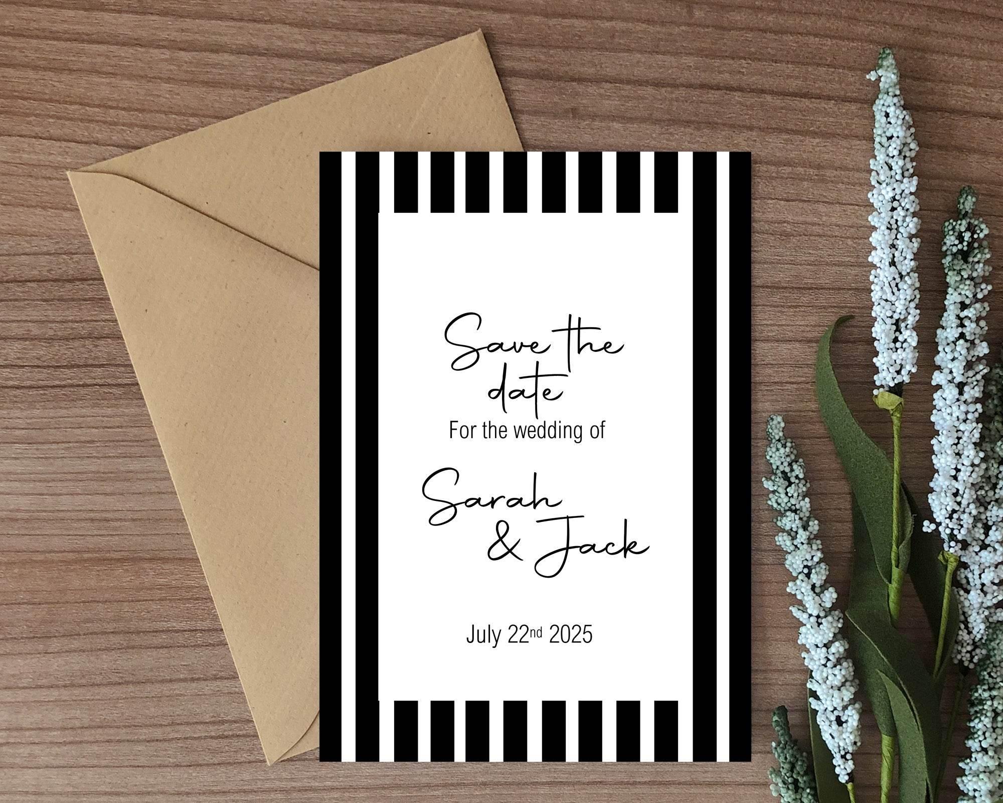 Black & White Stripe Save The Date Wedding Party Cards & Envelopes | Pack of 10 - Larosier Prints