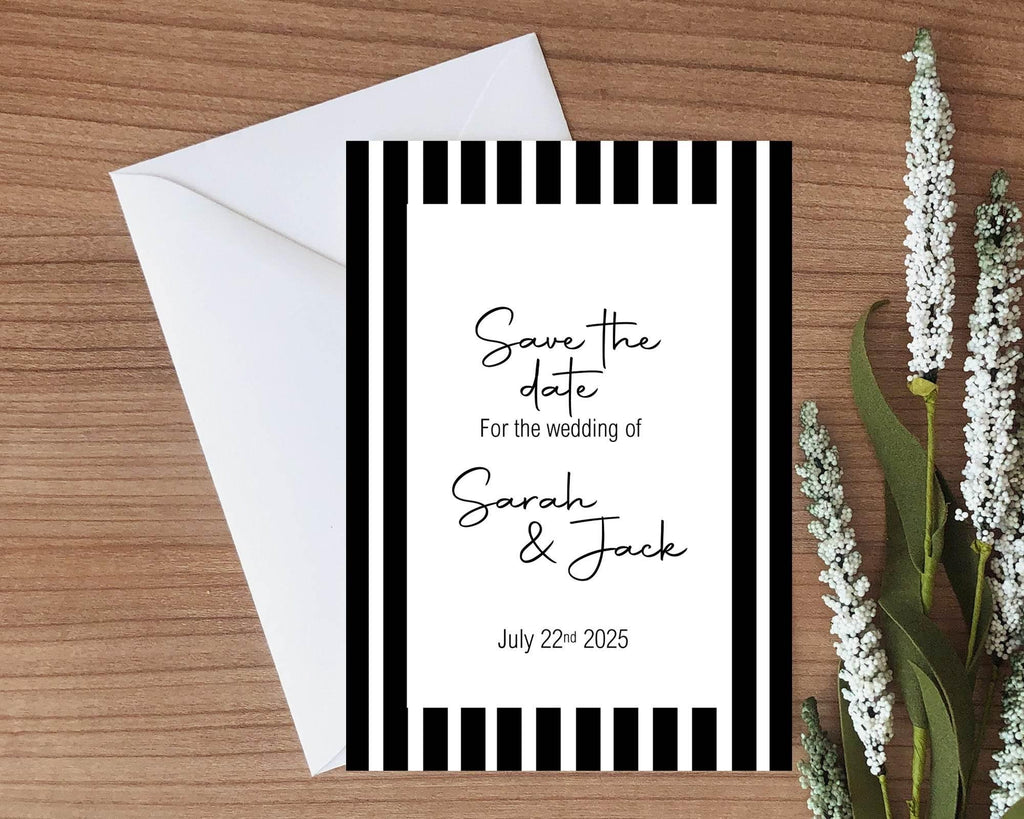 Black & White Stripe Save The Date Wedding Party Cards & Envelopes | Pack of 10 - Larosier Prints
