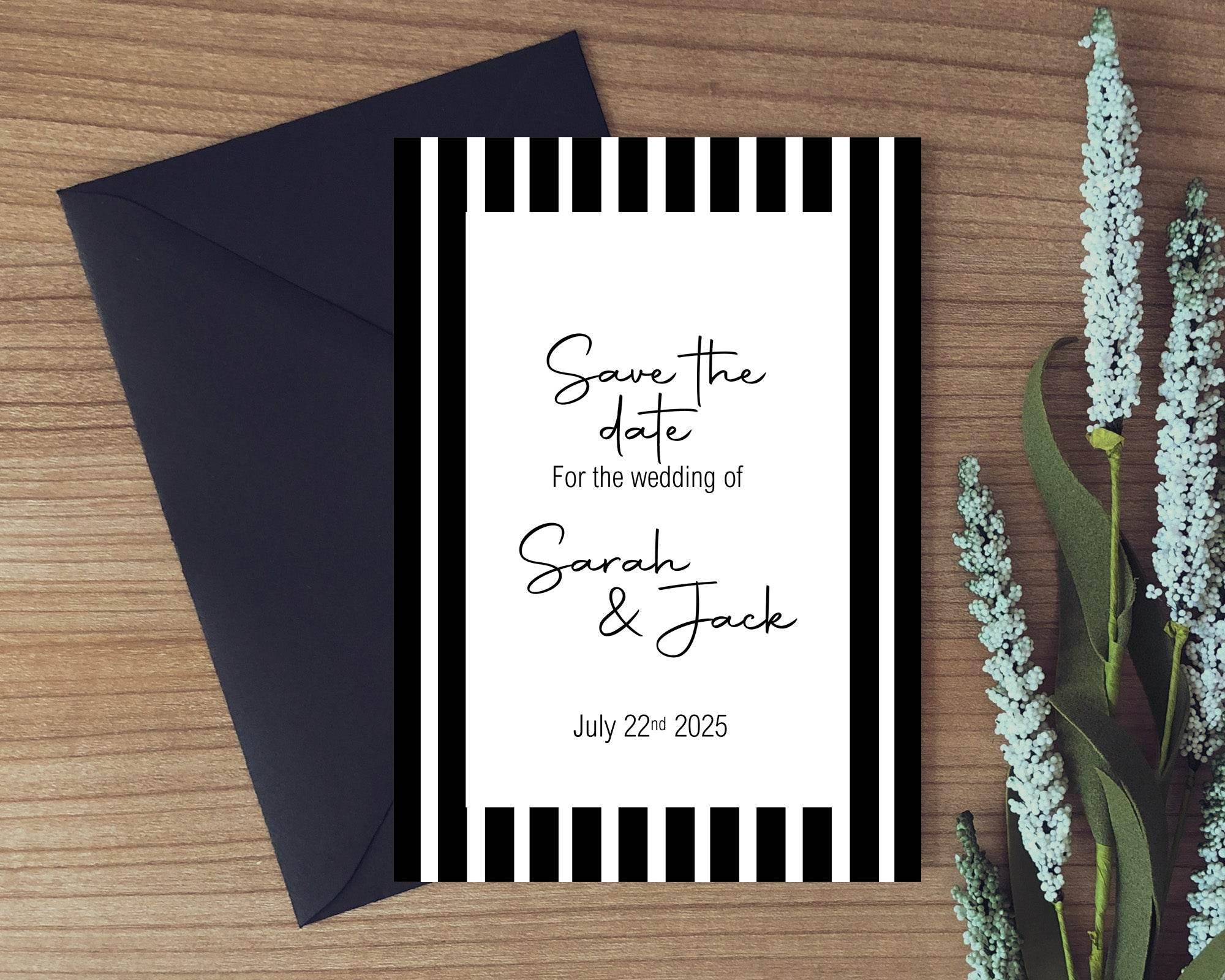 Black & White Stripe Save The Date Wedding Party Cards & Envelopes | Pack of 10 - Larosier Prints