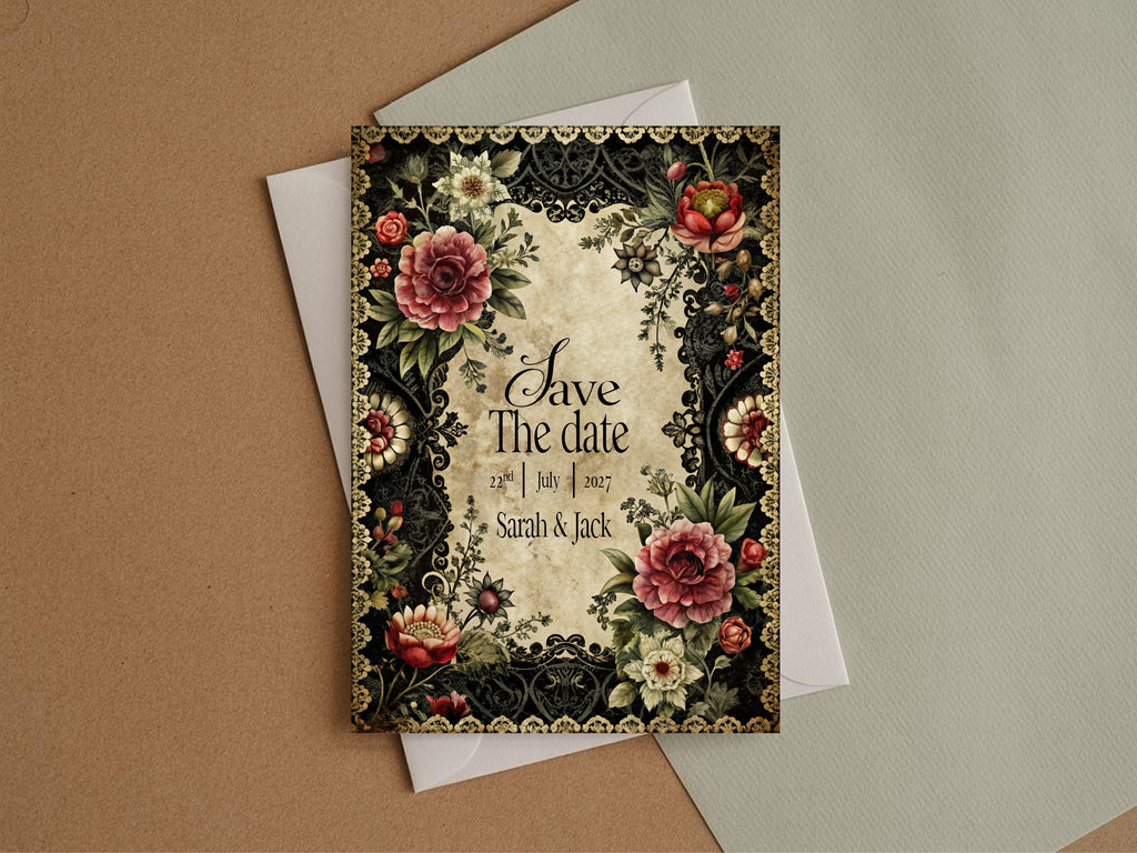 Gothic Floral Wedding Party Save The Dates & Envelopes | Pack of 10