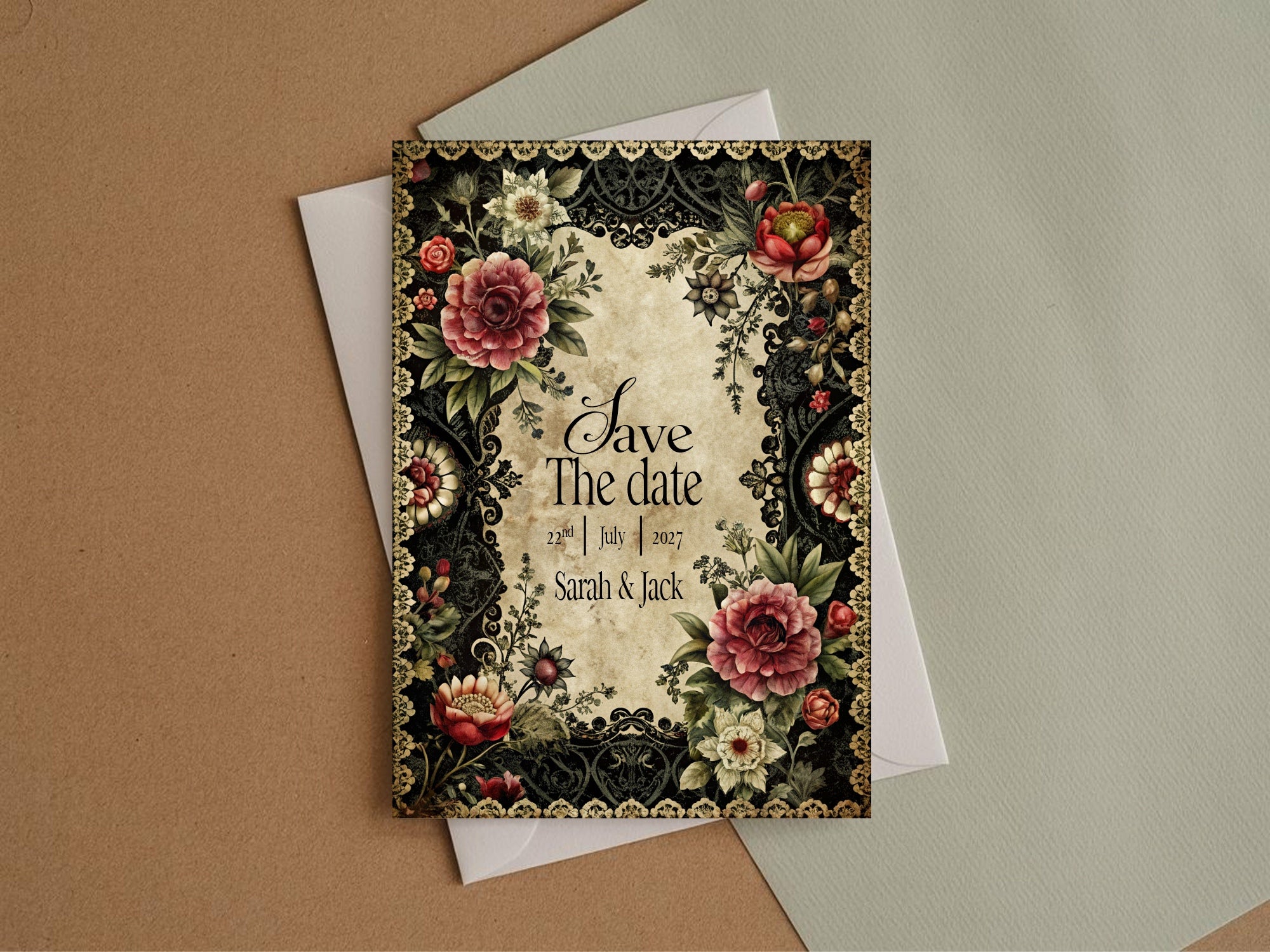 Gothic Floral Wedding Party Save The Dates & Envelopes | Pack of 10