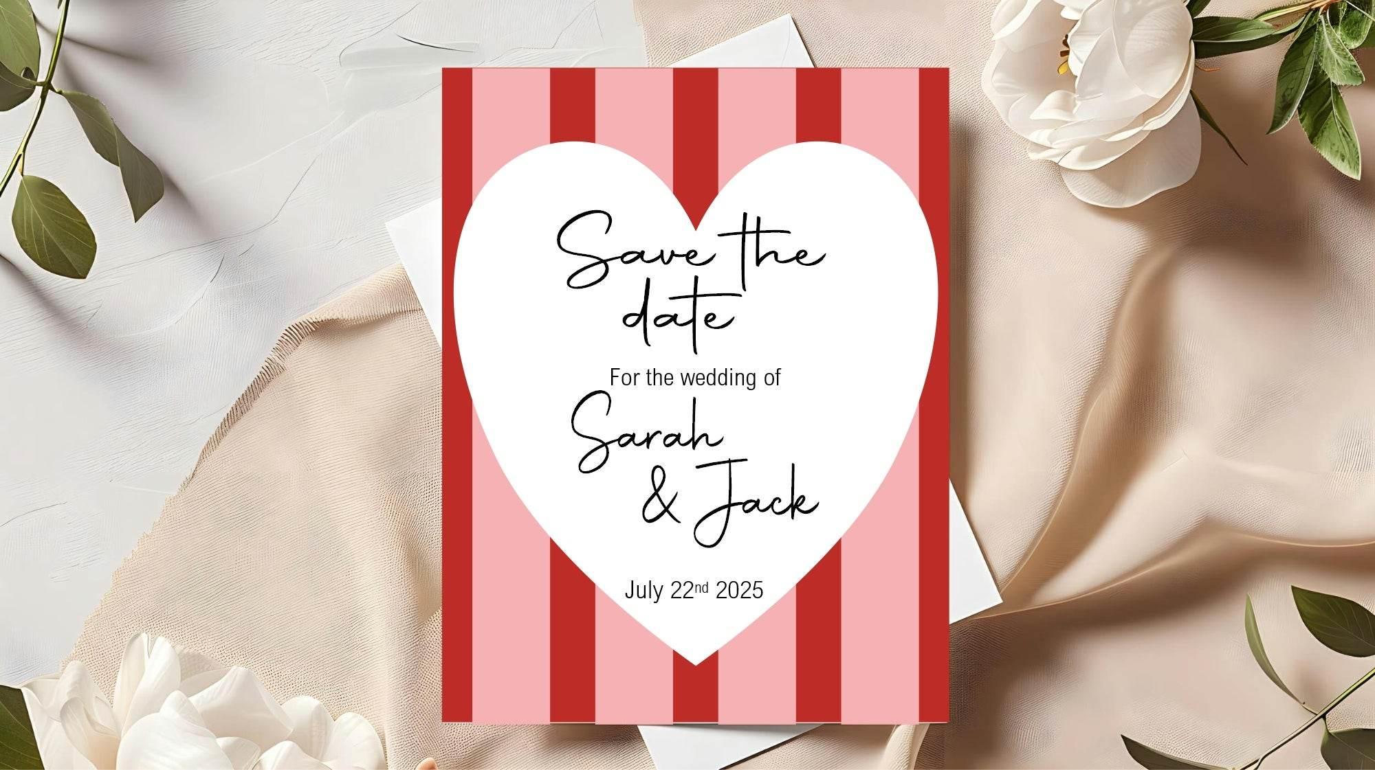 Red & Pink Save The Date Wedding Party Cards & Envelopes | Pack of 10 - Larosier Prints