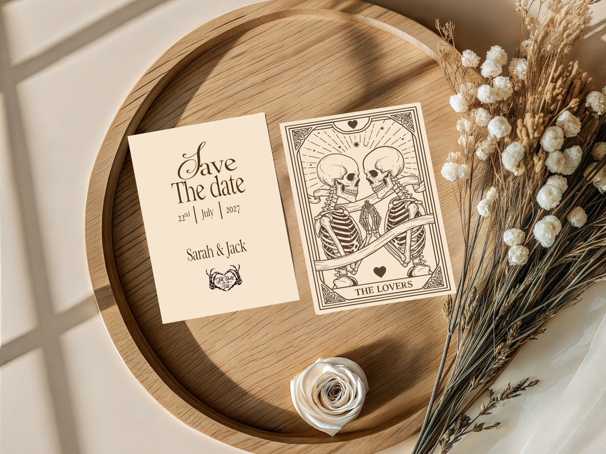 The Lovers Tarot Personalised Save the Dates | Beige, White or Charcoal