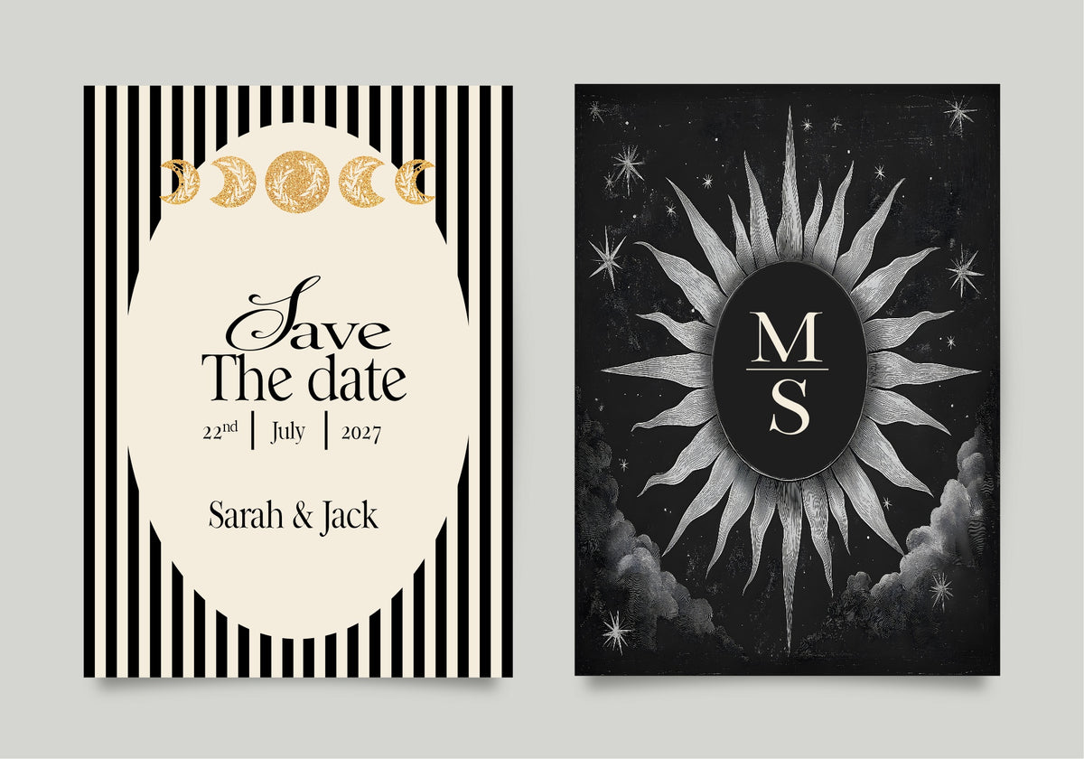 Black Celestial personalised save the date cards