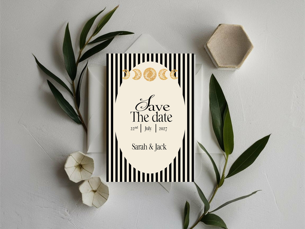 Black Celestial personalised save the date cards and envelopes