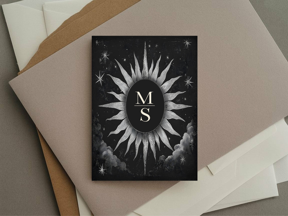 Black Celestial personalised save the date cards and envelopes