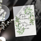 Green & White Rose Save The Date Wedding Party Cards & Envelopes | Pack of 10 - Larosier Prints