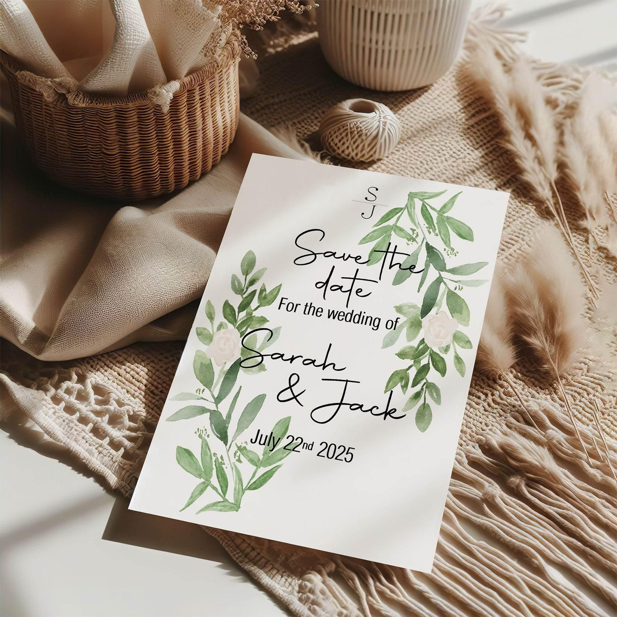 Green & White Rose Save The Date Wedding Party Cards & Envelopes | Pack of 10 - Larosier Prints