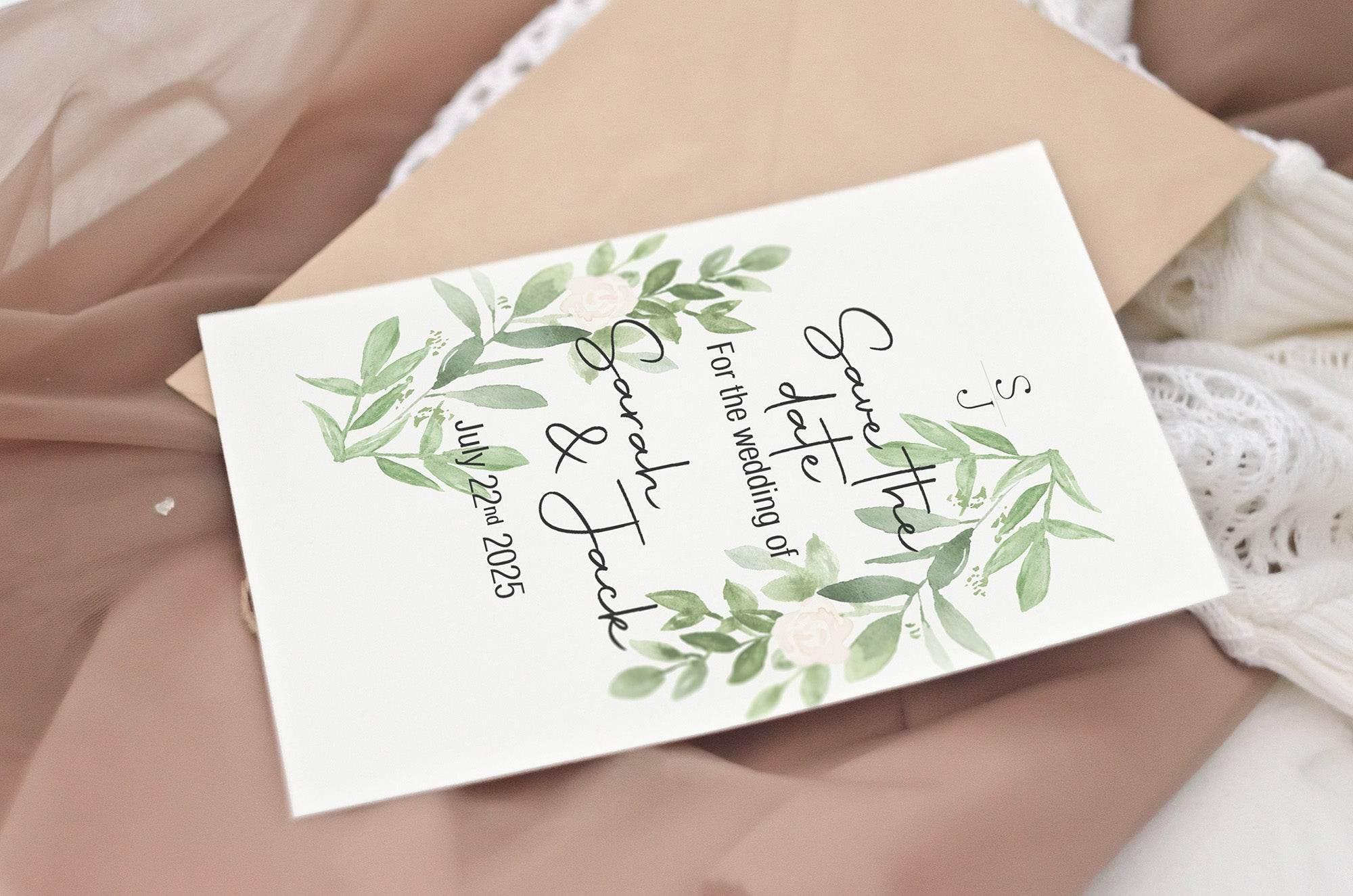 Green & White Rose Save The Date Wedding Party Cards & Envelopes | Pack of 10 - Larosier Prints