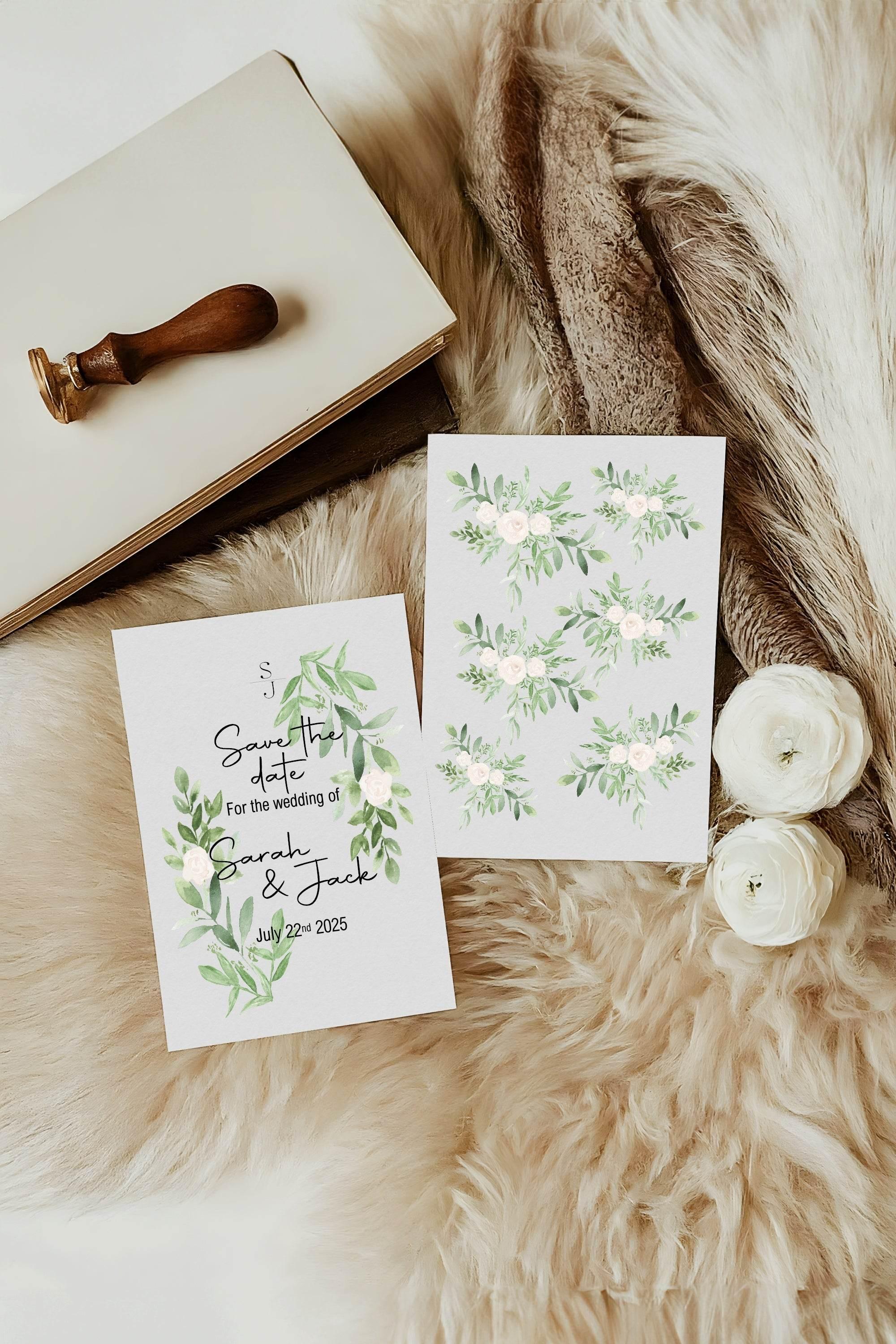 Green & White Rose Save The Date Wedding Party Cards & Envelopes | Pack of 10 - Larosier Prints