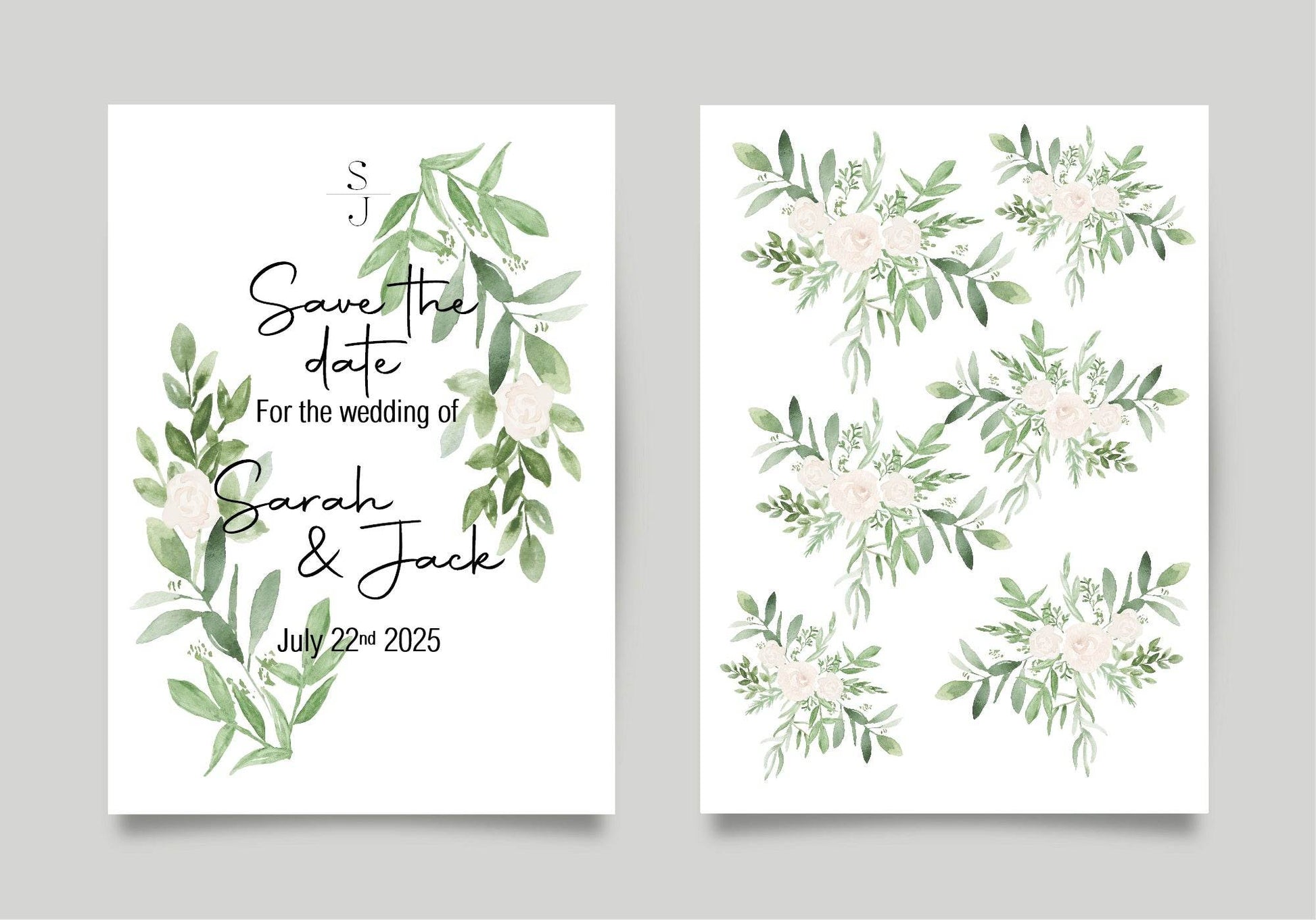 Green & White Rose Save The Date Wedding Party Cards & Envelopes | Pack of 10