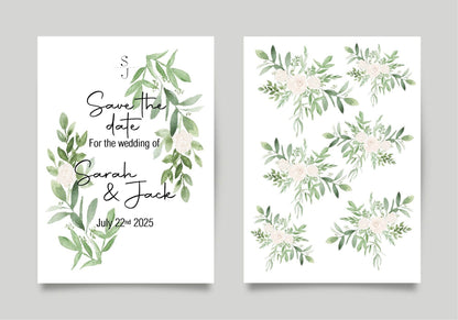 Green & White Rose Save The Date Wedding Party Cards & Envelopes | Pack of 10