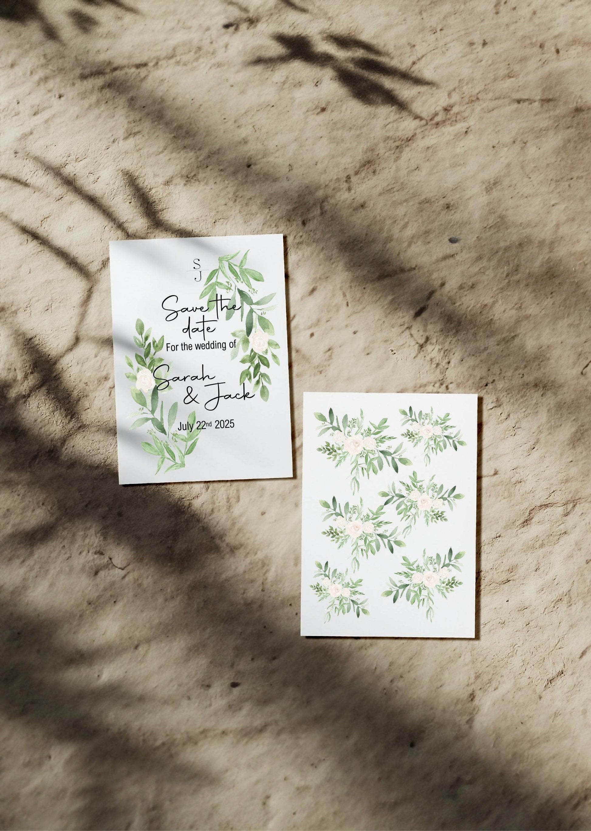 Green & White Rose Save The Date Wedding Party Cards & Envelopes | Pack of 10