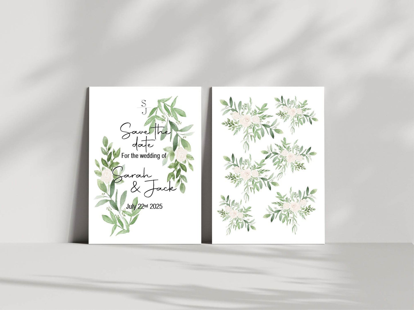 Green & White Rose Save The Date Wedding Party Cards & Envelopes | Pack of 10