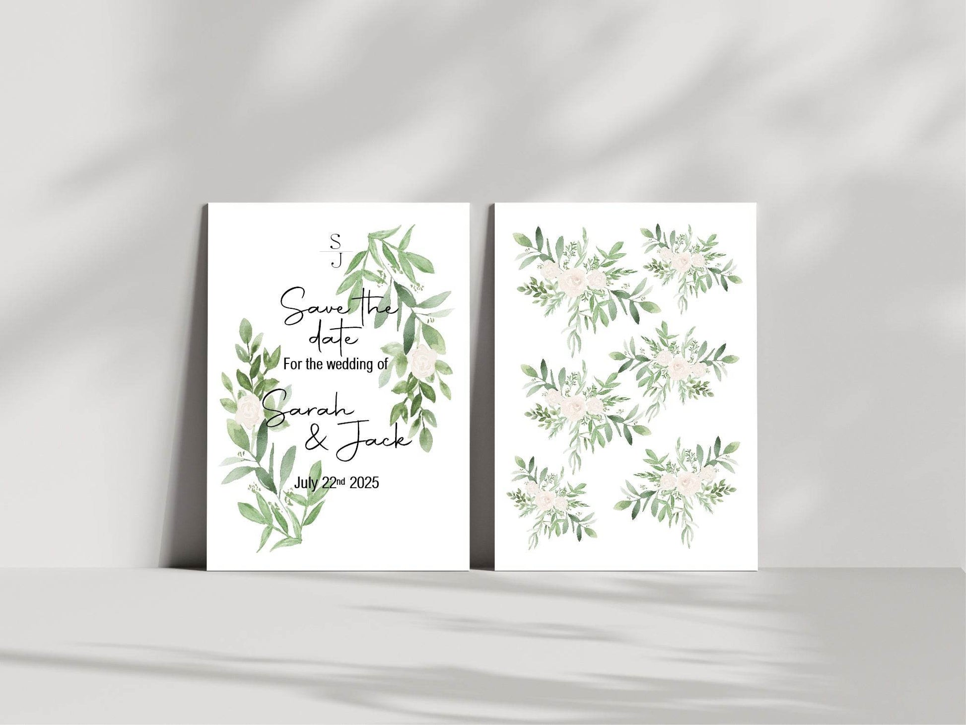 Green & White Rose Save The Date Wedding Party Cards & Envelopes | Pack of 10