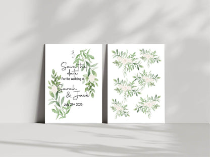 Green & White Rose Save The Date Wedding Party Cards & Envelopes | Pack of 10