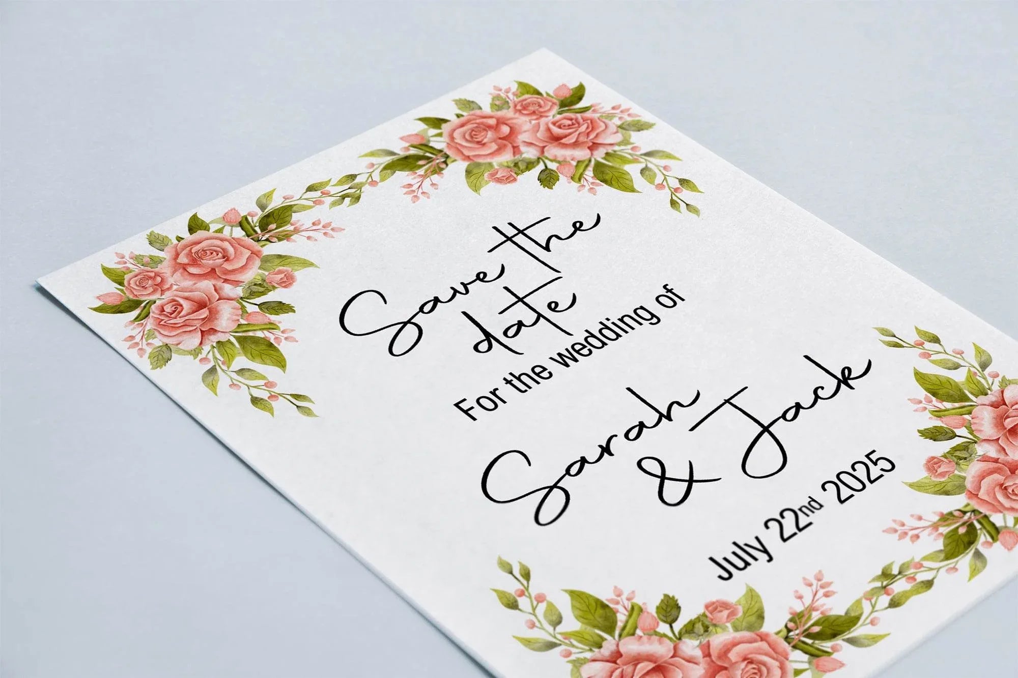 Pink Rose Save The Date Wedding Party Cards & Envelopes | Pack of 10 - Larosier Prints