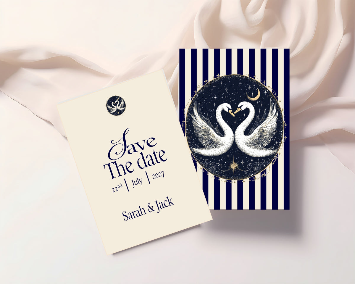 Celestial Swan Save the Date card front and swan artwork reverse