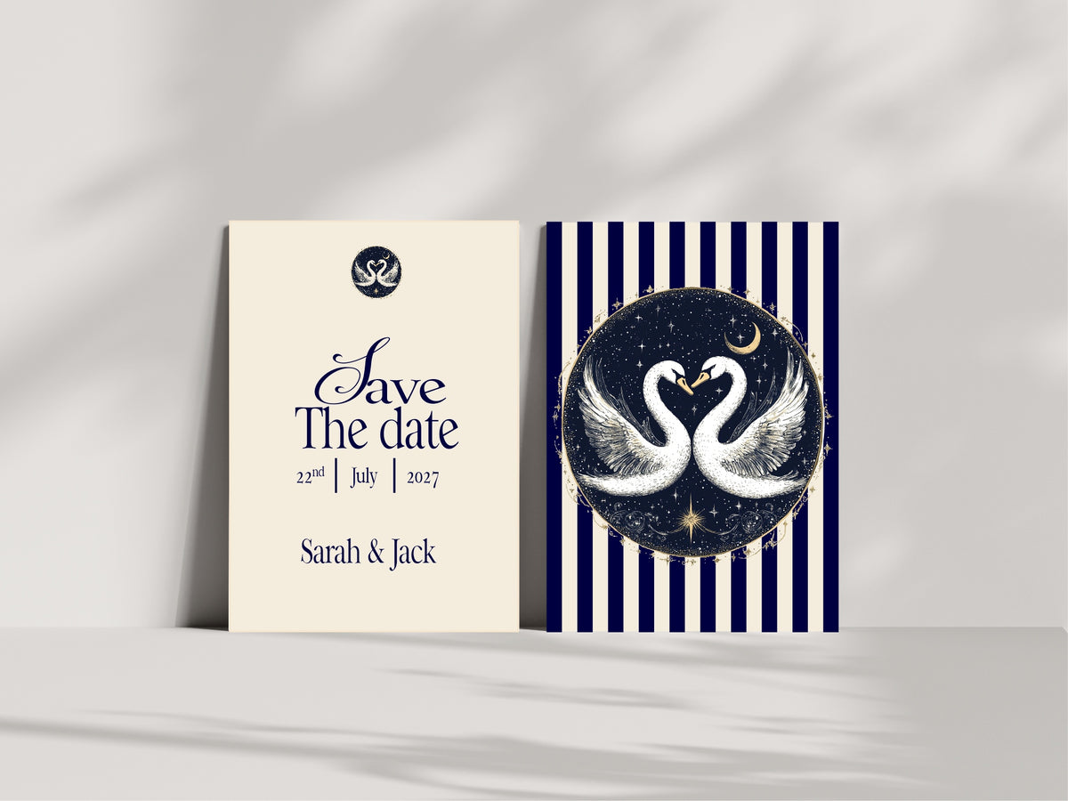 Celestial Swan Save the Date card mock-up