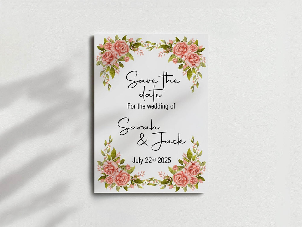 Pink Rose Save The Date Wedding Party Cards & Envelopes | Pack of 10 - Larosier Prints