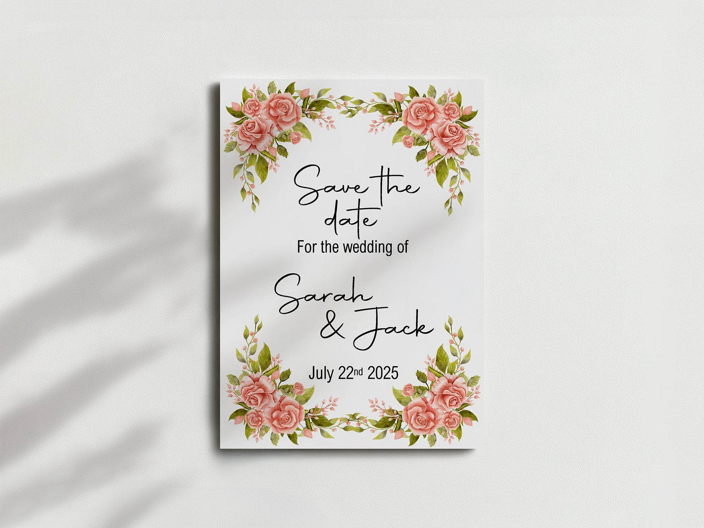 Pink Rose Save The Date Wedding Party Cards & Envelopes | Pack of 10