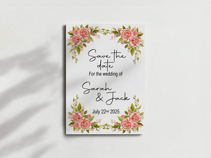 Pink Rose Save The Date Wedding Party Cards & Envelopes | Pack of 10