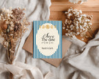 Blue Celestial personalised save the date cards and envelopes