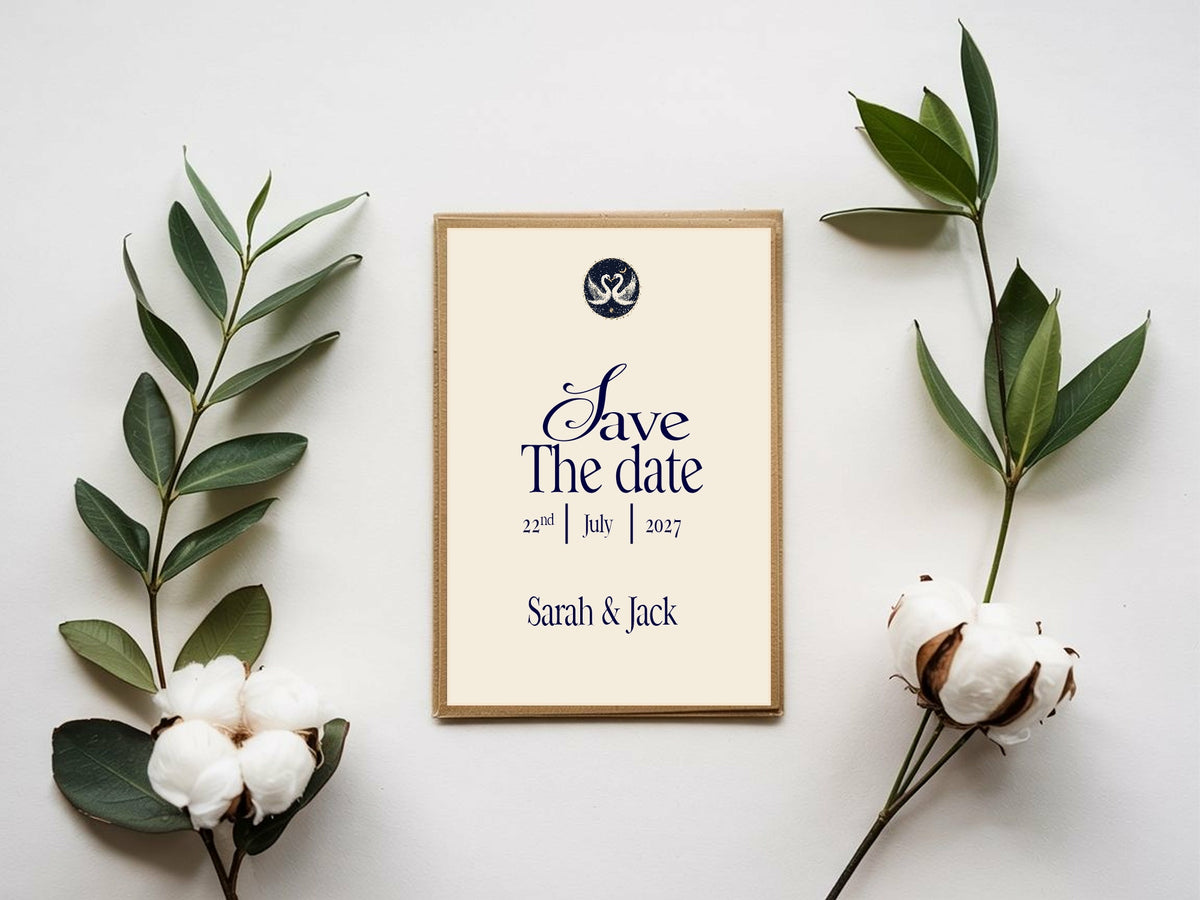 Celestial Swan Save the Date card mock-up