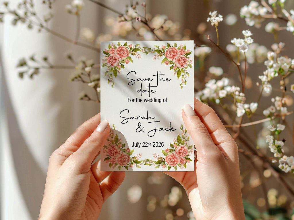 Pink Rose Save The Date Wedding Party Cards & Envelopes | Pack of 10 - Larosier Prints