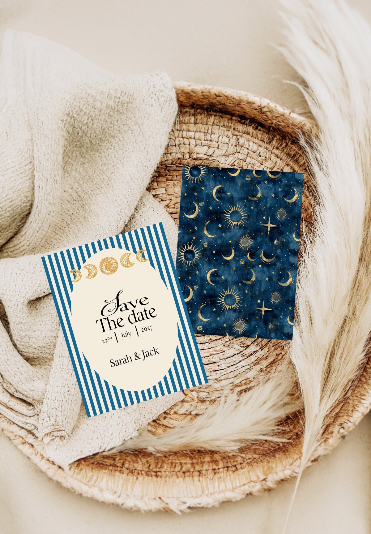 Blue Celestial personalised save the date cards and envelopes