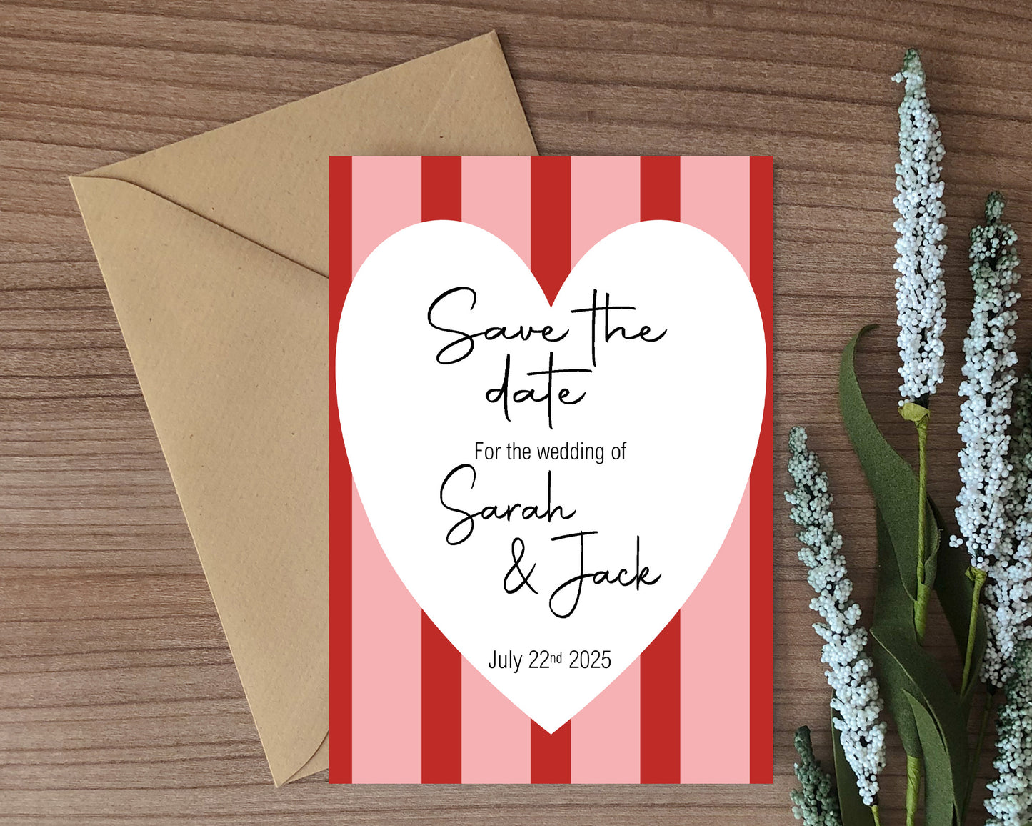 Red & Pink Save The Date Wedding Party Cards & Envelopes | Pack of 10