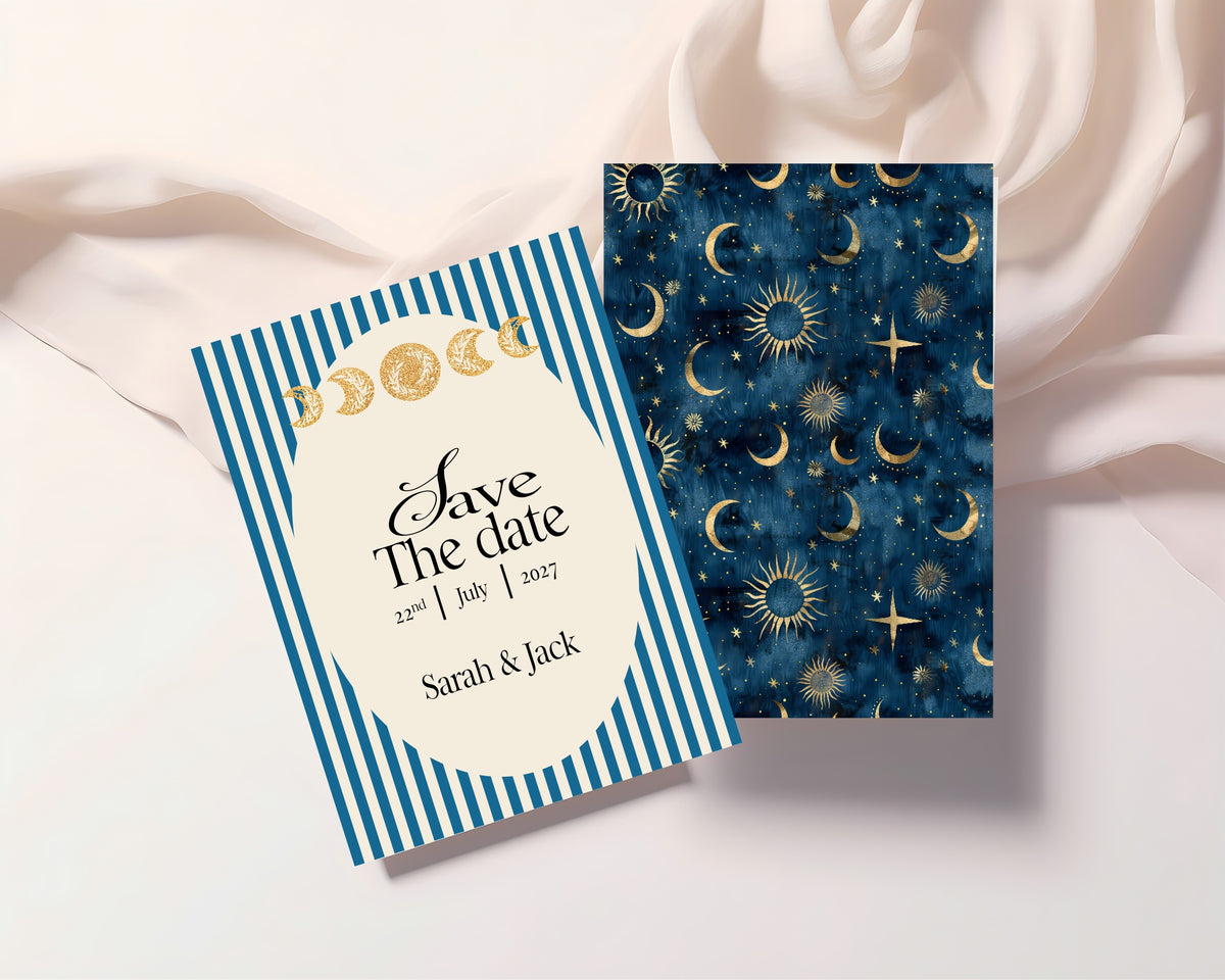 Blue Celestial personalised save the date cards and envelopes