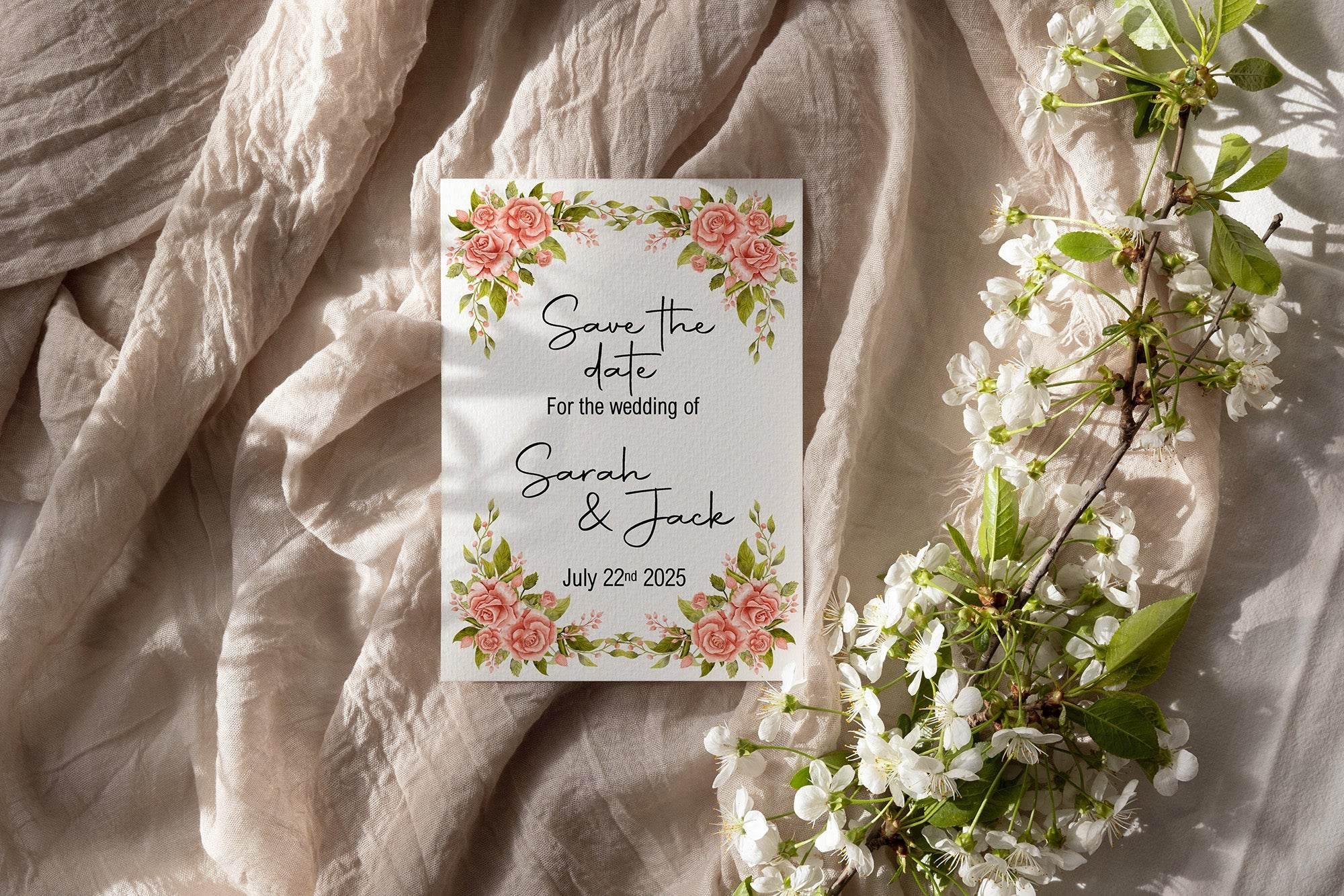 Pink Rose Save The Date Wedding Party Cards & Envelopes | Pack of 10 - Larosier Prints