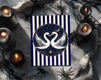 Swan artwork reverse on a striped card with candles