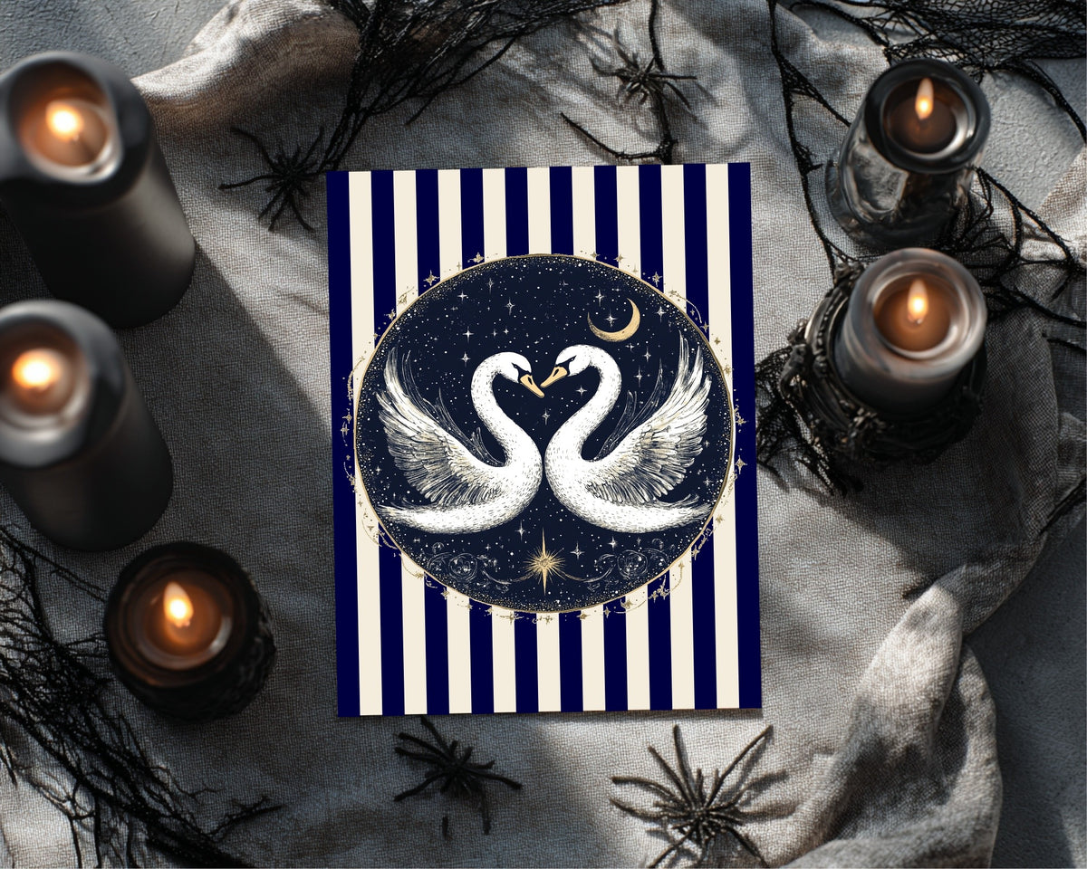 Swan artwork reverse on a striped card with candles